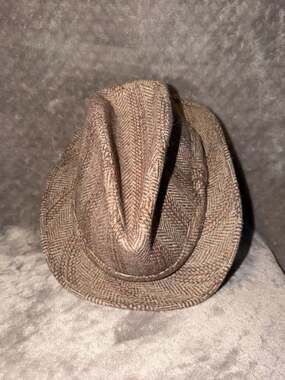 Harvard Vintage Brown Herringbone Tweed Wool Blend Trilby Fedora Hat Size Large